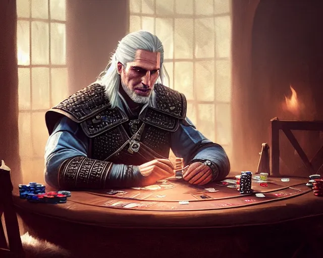 Image similar to 5 5 mm portrait photo of geralt playing poker. magical atmosphere. art by greg rutkowski. highly detailed 8 k. intricate. lifelike. soft light. nikon d 8 5 0.