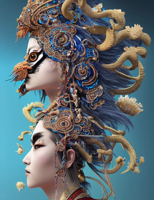 Image similar to 3 d goddess close - up profile portrait with crown, ram skull. beautiful intricately detailed tribal japanese crow kitsune mask and clasical japanese kimono. betta fish, jellyfish phoenix, bio luminescent, plasma, ice, water, wind, creature, artwork by tooth wu and wlop and beeple and greg rutkowski