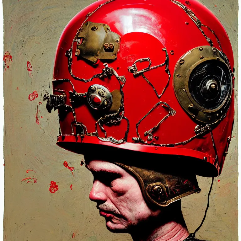 Image similar to portrait of a third reich soldier in ornate motorcycle dirt helmet in a helmet background red plastic bag, circuitboard,, rich deep colors, ultra detail, by francis bacon, james ginn, petra courtright, jenny saville, gerhard richter, zdzisaw beksinsk, takato yamamoto. masterpiece, elegant fashion studio ighting 3 5 mm