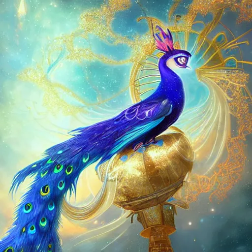 Prompt: realistically rendered portrait from an anime of an ethereal colorful blue starry fox peacock character with giant golden demonic fangs, wearing star filled mage robes, sitting in an illuminated observatory at night, art by yuji ikehata, background art by miyazaki, realism, detailed, proper human proportions, fully clothed