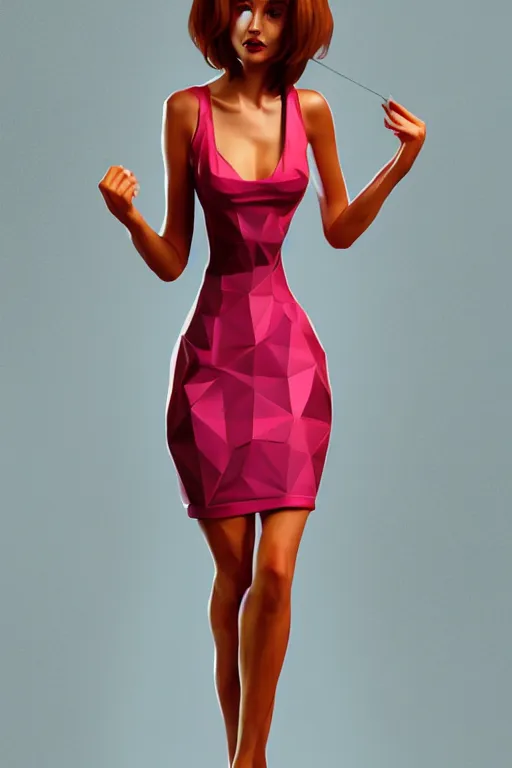 Prompt: full length including face illustration of very beautifully female looking like angelina jolly, shy pose, with amazing body figure, wearing tight short dress, tails haircut, digital painting, trending on art station and devian art, pop art, low polygons illustration