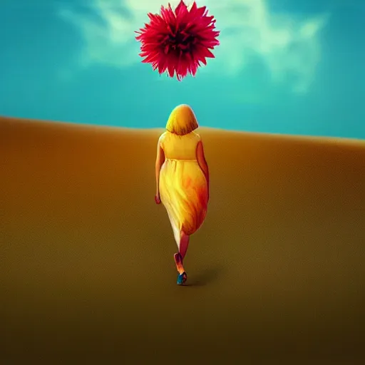 Prompt: closeup huge dahlia flower under head, a girl walking between dunes, surreal photography, sunrise, blue sky, dramatic light, impressionist painting, digital painting, artstation, simon stalenhag