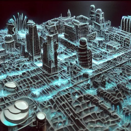 Image similar to a retro futuristic city carved out of ice