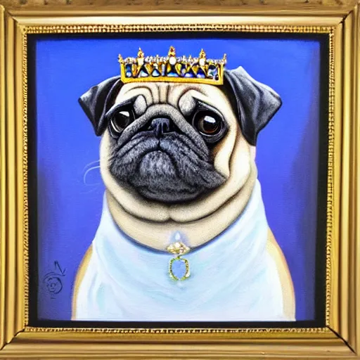 Prompt: regal pug in kings clothing and crown, oil painting, framed