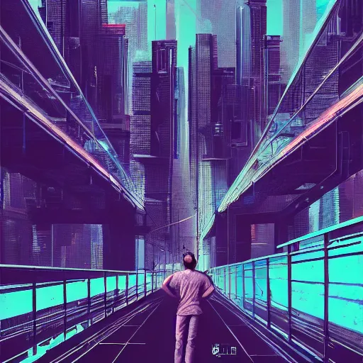 Prompt: A man standing on top of a bridge over a city, cyberpunk art by Vincent Lefevre, behance contest winner, altermodern, cityscape, synthwave, matte painting