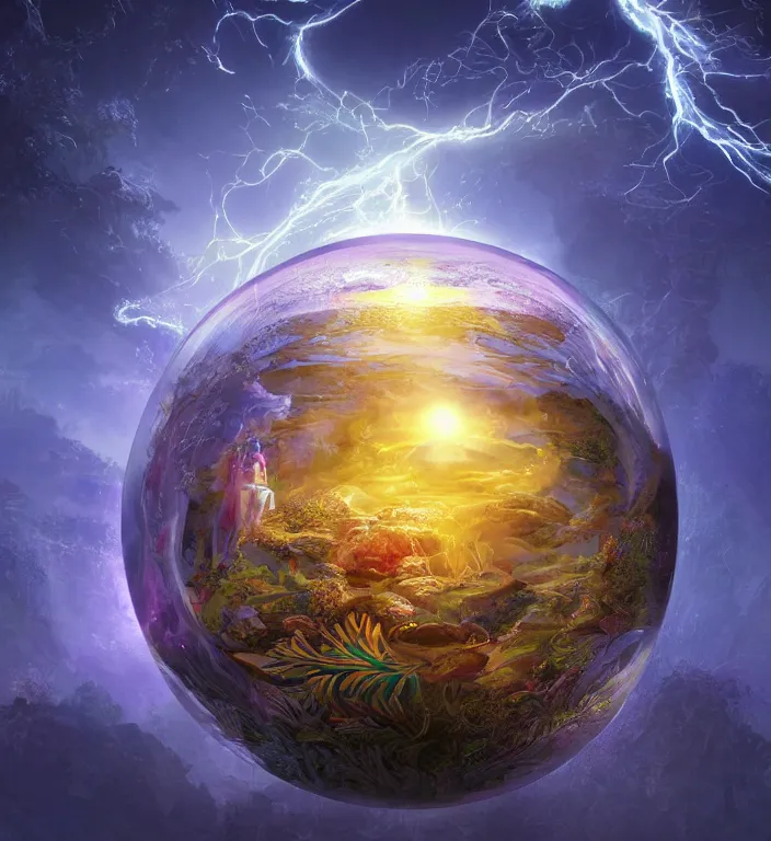 Image similar to a magical and exquisite fantasy illustration of an intricate and faceted crystal ball with a world inside of it + in water + prism + god rays + dramatic lightning + backlit + specular highlights + ambient occlusion + global illumination + bump map + reflective + caustics + refractive + unreal engine 5 + DOF + sharp focus, digital artwork by Peter Mohrbacher and Greg Rutkowski