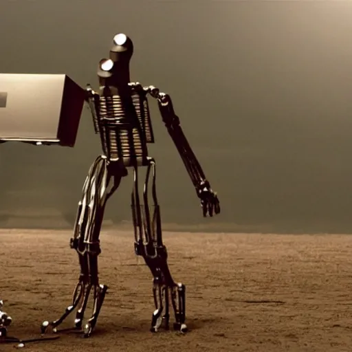 Image similar to a computer growing robotic arms and legs. Still from big budget hollywood sci-fi film.