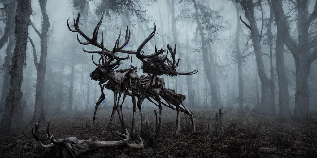 Prompt: leshen with deer skeleton skull and horns, ram skulls, grand imposing powerful sculpture. swirls of mist. occult photorealism, uhd, amazing depth, volumetric lighting, cinematic lighting. epic landscape.