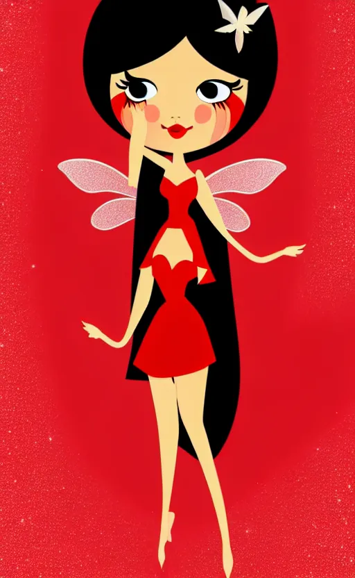 Image similar to fairy with a detailed face and black hair in a red outfit, full body, trending, vector art, illustration,