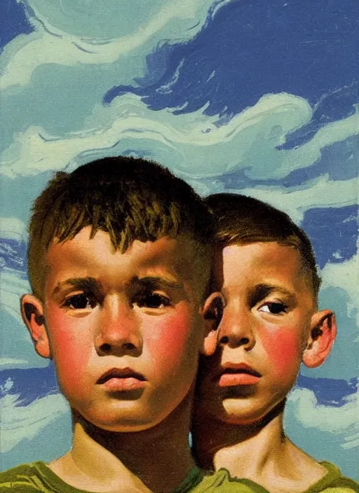 Image similar to an extreme close - up low angle portrait of a young boy and his young brother in a scenic representation of mother nature and the meaning of life by billy childish, thick visible brush strokes, shadowy landscape painting in the background by beal gifford, vintage postcard illustration, minimalist cover art by mitchell hooks