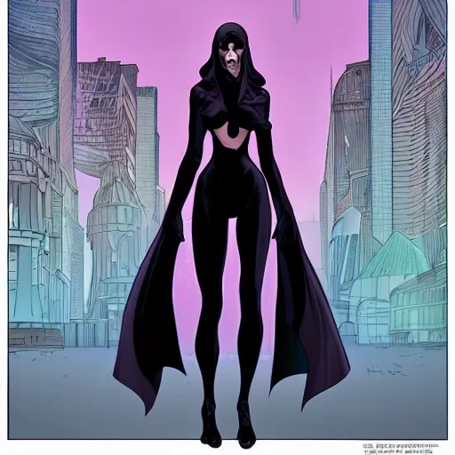 Prompt: Tall beautiful slender female witch with dark hair, futuristic, alien cityscape, symmetrical features, full body, face visible, artstation, graphic novel, colourful, 2D matte, art by Frank Quitely and Moebius,