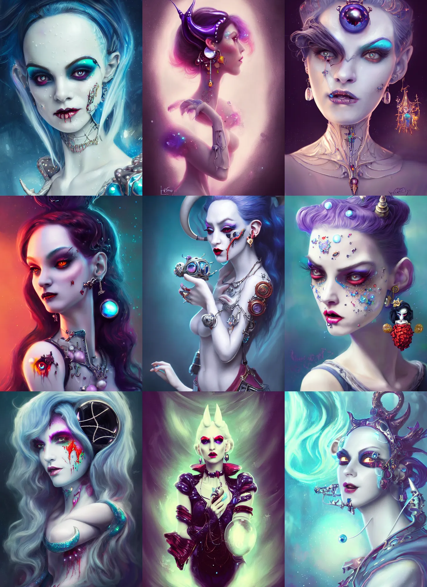 Prompt: disney 8 k photo, beautiful shiny white porcelain rich grand pearlescent royal emo edc devil clowncore cyborg college woman, earrings, satin, mandelbrot, sci fi, fantasy, cyberpunk, intricate, decadent, highly detailed, digital painting, octane render, artstation, concept art, smooth, sharp focus, illustration, art by loish, wlop