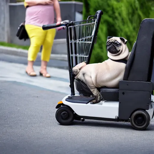 Image similar to a morbidly obese pug riding a motorized shopping cart mobility scooter, high resolution photo