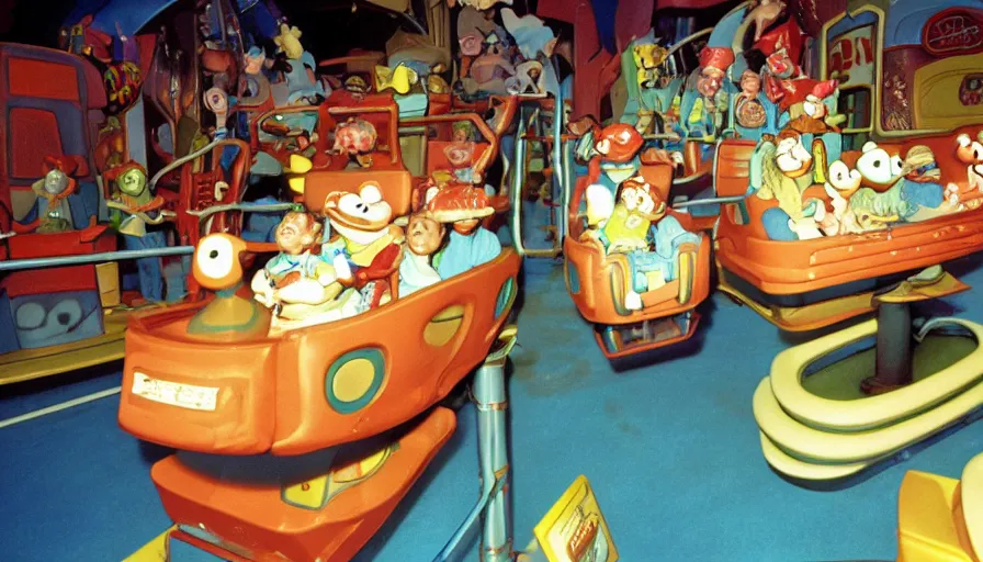 Image similar to 1990s photo of inside the Ren & Stimpy show ride at Universal Studios in Orlando, Florida, children riding through the space ship episode with Ren, Stimpy, Log and soap , cinematic, UHD