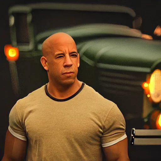 Prompt: very closeup photo of vin diesel as tommy angelo standing near ford model t, chicago 1 9 3 0, night, volumetric lighting, ultra realistic, highly detailed, cinematic, art by jan urschel and neil blevins