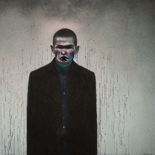 Image similar to portrait of a hitman by Sean Yoro and Chie Yoshii, dark, moody, foggy, gloomy, high details, waashed colors