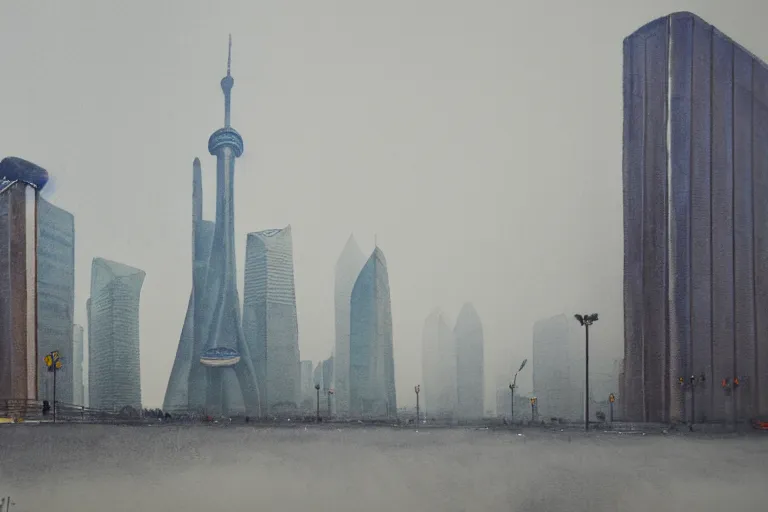 Image similar to A watercolor depicting an empty Lujiazui, gloomy weather, high contrast, smooth, by Joseph Zbikowicz, 8k