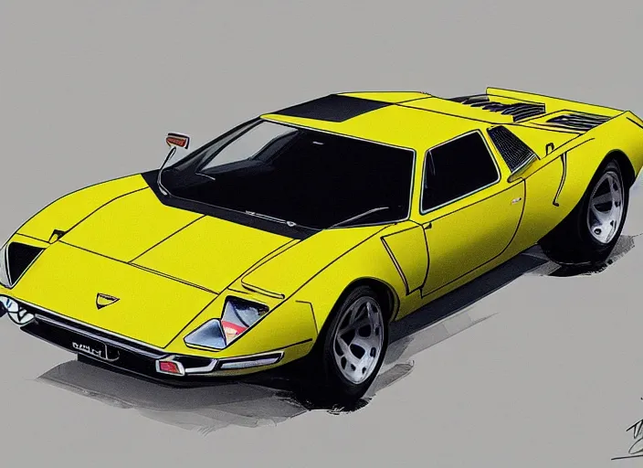 Image similar to a blending and amalgamation of a lamborghini countach, datsun 2 6 0 z and a jaguar e - type, concept art, 8 k, highly detailed