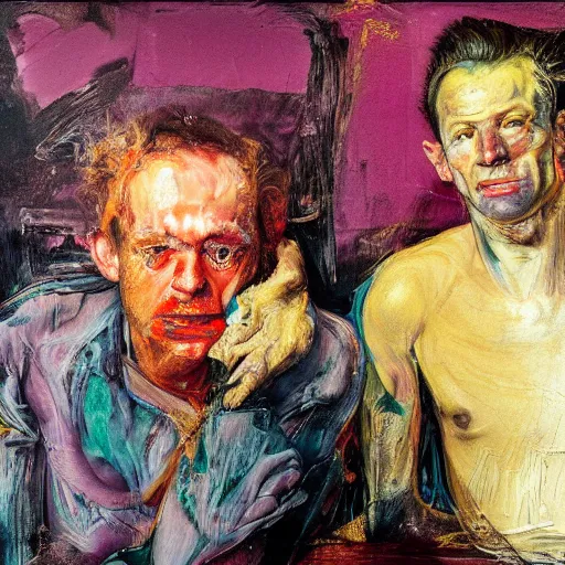 Image similar to high quality high detail expressionist painting of two men at a bar by nicola samori and lucian freud and jenny saville and norman rockwell and francis bacon and edvard munch, hd, anxiety, turquoise and purple and orange and pink