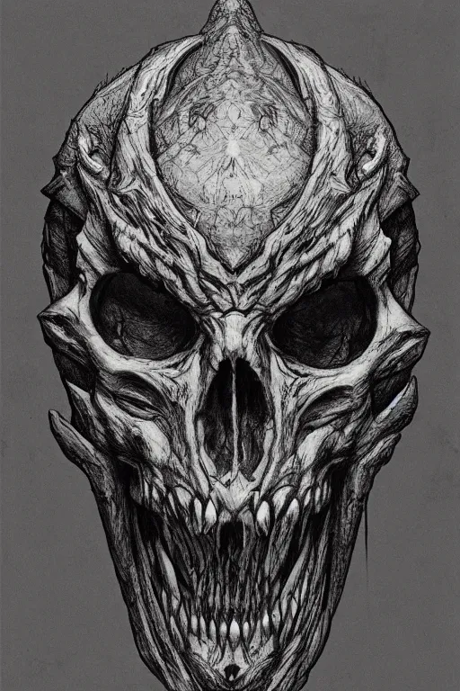 Image similar to ancient slavic tribal shaman animal skull mask demon head album cover hyper detailed concept art sheet crosshatch sketch illustration art style by Jonathan Wayshak and Toshihiro Egawa and Zdizslaw Beksinski and Artstation trending 8k