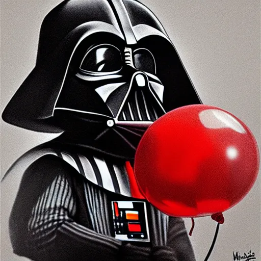 Image similar to surrealism grunge cartoon portrait sketch of darth vader with a wide smile and a red balloon by - michael karcz, loony toons style, chucky style, horror theme, detailed, elegant, intricate