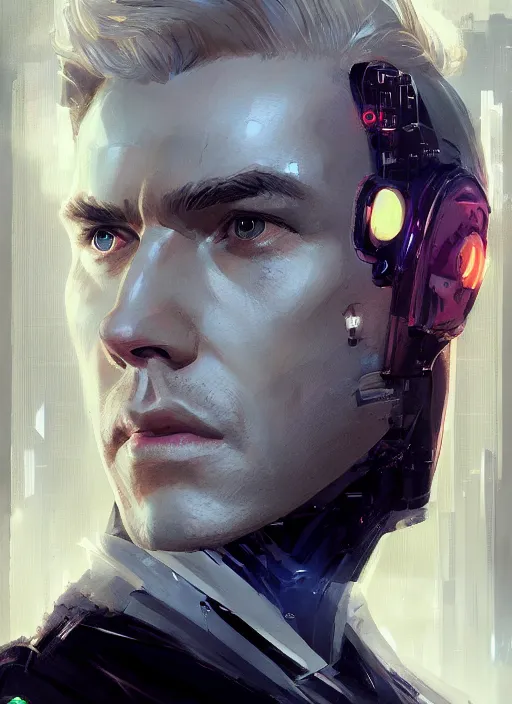 Image similar to portrait of a blonde bruce wayne, futuristic, cyberpunk, cybernetic enhancements, concept art, trending on artstation, greg rutkowski