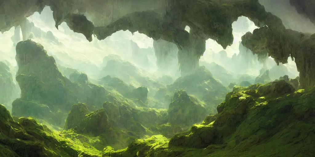 Prompt: inverted upside down lush green landscape villages mountain range hanging from the sky like stalactites good composition artstation illustration sharp focus sunlit vista painted by ruan jia raymond swanland lawrence alma tadema zdzislaw beksinski norman rockwell tom lovell alex malveda greg staples