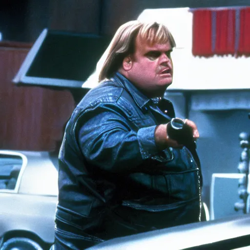 Image similar to chris farley starring in the terminator movie, movie still, 8 k