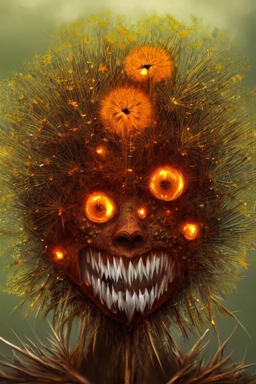 Image similar to a humanoid figure dandelion moss plant monster thistle armour, orange eyes, highly detailed, digital art, sharp focus, trending on art station, anime art style