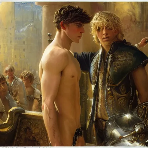 Image similar to attractive male, arthur pendragon who has blond hair confesses his love to attractive male, merlin who has dark hair. highly detailed painting by gaston bussiere, craig mullins, j. c. leyendecker 8 k