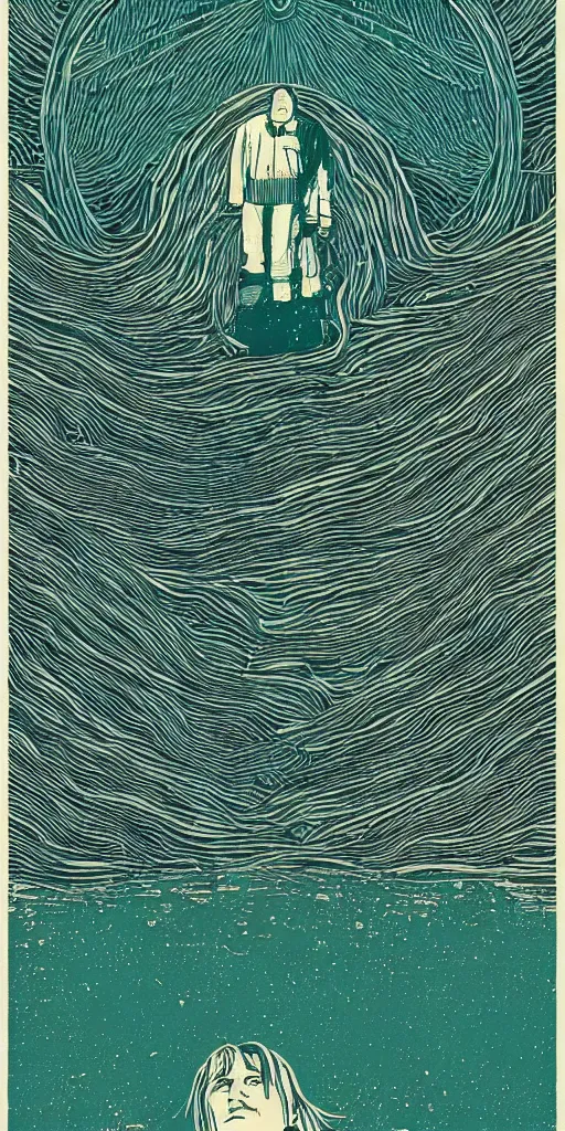 Image similar to eternal sunshine of the spotless mind, film grain, poster, style of 2d retro woodblock, layers of surreal geology, black fine lines on teal , stanley donwood, victo ngai, orthographic Wes Anderson