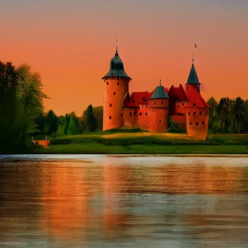 Prompt: cinematic shot of trakai castle during sunset, watercolor painting, jakub rozalski, artstation