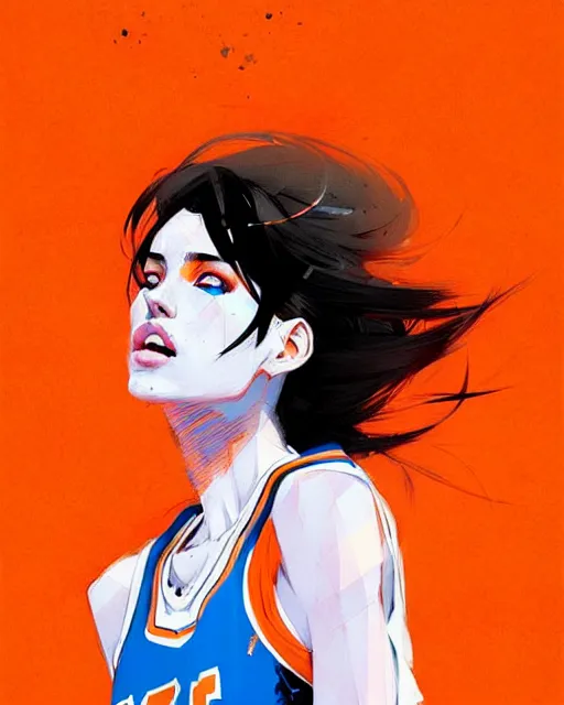 Prompt: a ultradetailed beautiful panting of a stylish woman in a knicks jersey, by conrad roset, greg rutkowski and makoto shinkai, trending on artstation