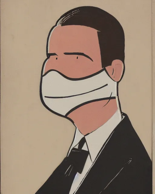 Image similar to portrait of young man wearing black medical mask, suit and tie, style of tex avery