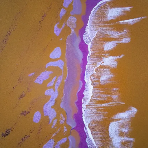 Image similar to Arial shot of a beach with orange sand and a sea of purple, acrylic painting