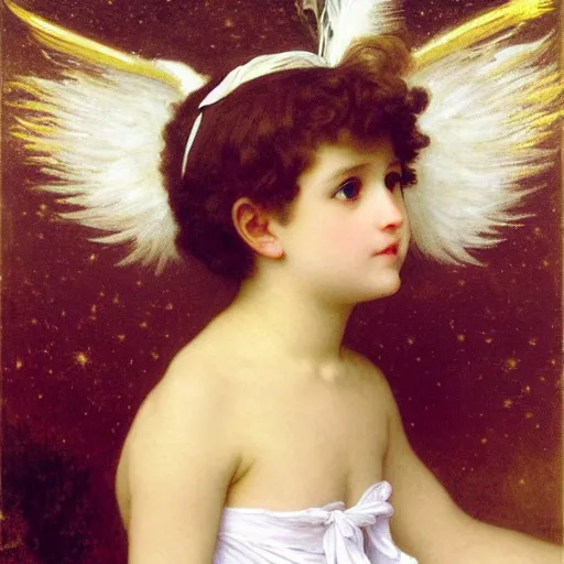 Prompt: Little angel with white feather wings on the back, Golden Ribbon, and white leggings Covered in stars. Short Hair. Sunlit. Haute Couture. Art by william-adolphe bouguereau and Paul Delaroche and Alexandre Cabanel and Lawrence Alma-Tadema and Johannes Helgeson. Smooth. Elegant. Highly Detailed. Intricate. 4K. UHD. Denoise.