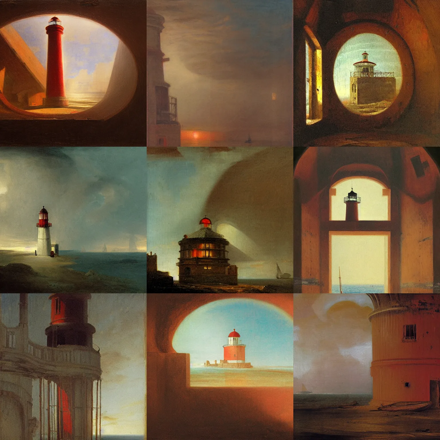 Prompt: painting of the interior of the cupola of a dilapidated lighthouse by john martin, red light, depressing, falling apart