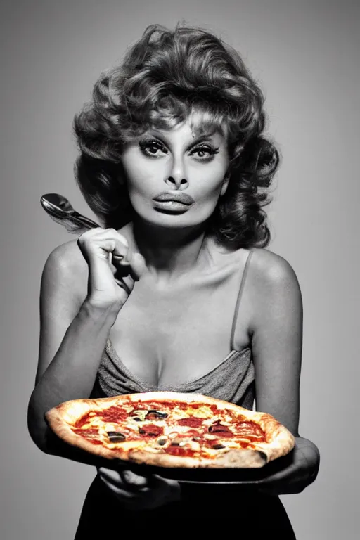 Image similar to professional studio photo of sophia loren eating!!! a pizza! margherita, closeup, portrait photo, diffuse light, muted colors, 5 0 mm, bokeh, acclaimed masterpiece