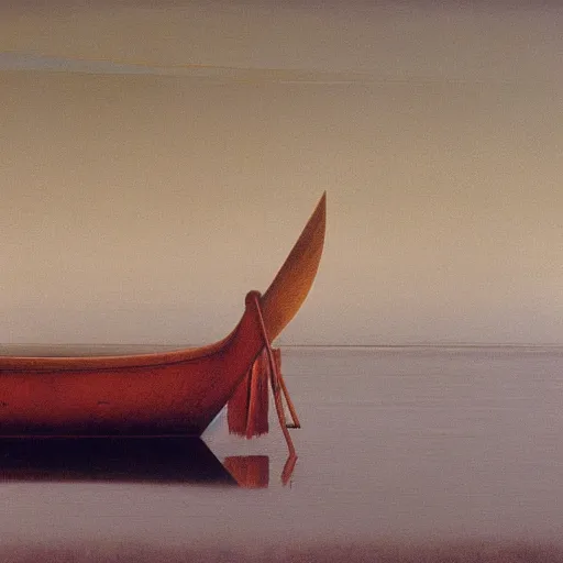 Prompt: a skiff by Zdzisław Beksiński, oil on canvas