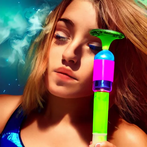Prompt: 4 k photo of girl in bikini flying in space and smoke green bong, background in space