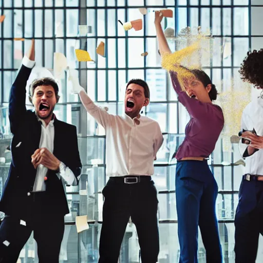 Image similar to unhappy business people throwing computers, screaming yelling, smashing things in their wework office. high resolution color magazine candid photograph.