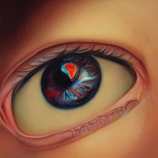 Image similar to her eyes reflect the source code of my soul, oil on canvas portrait by james jean and esao andrews