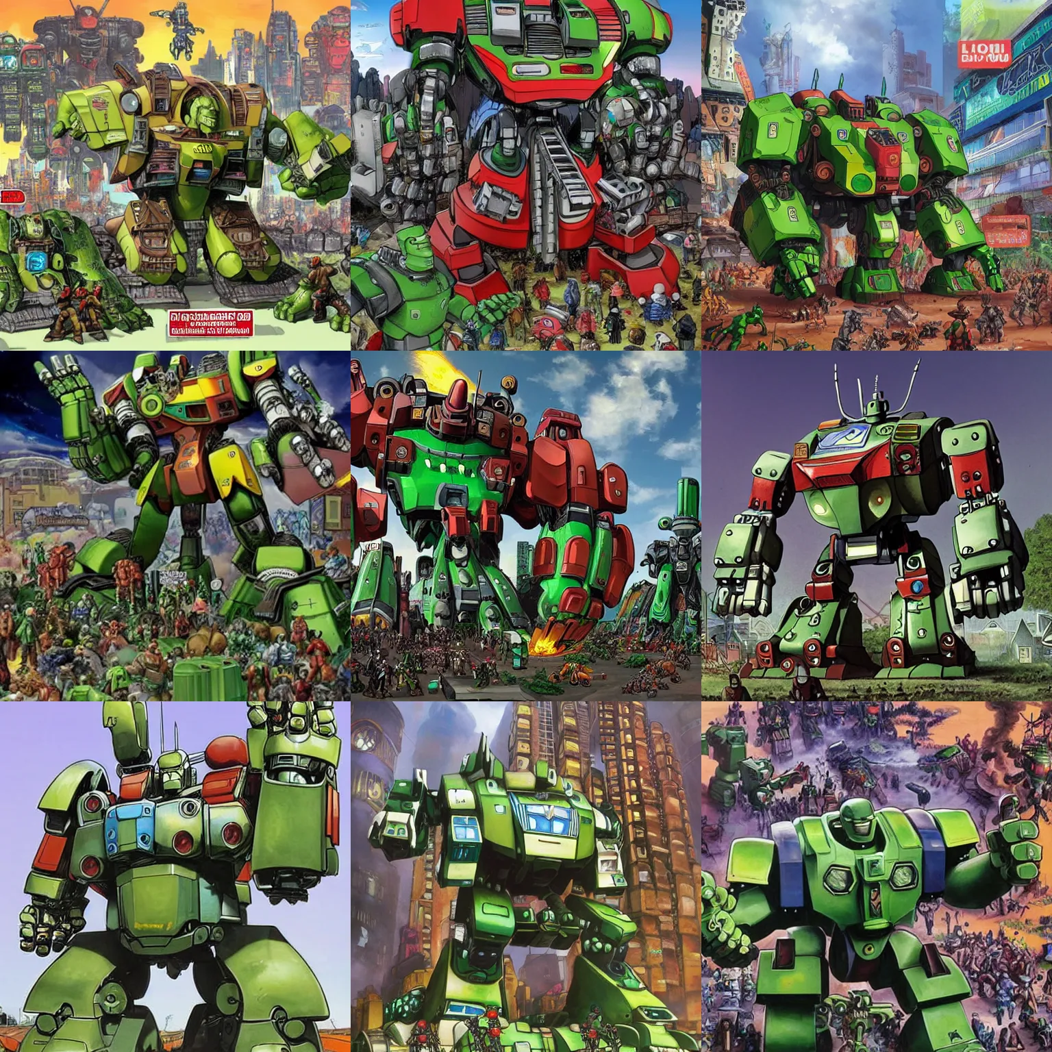 Prompt: giant oversized battle robot mech hulk on a crowded lilliput village