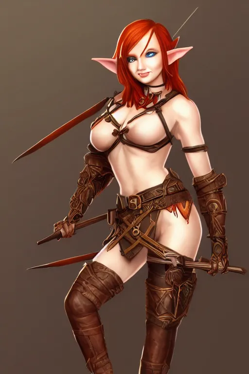 Prompt: Full picture of Redhead elf archer, high fantasy, ornamental bow, fully clothed in brown leather, trending on artstation, arstationhd, HD