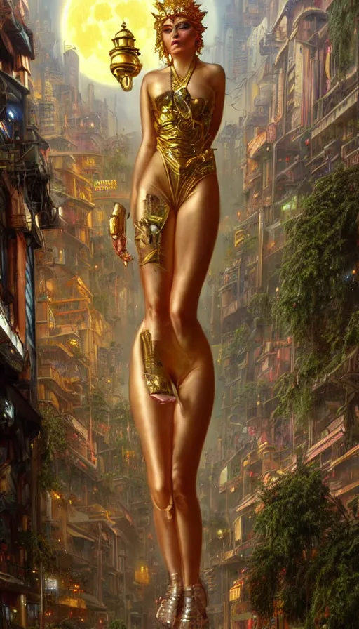 Image similar to golden goddess cutting a hyper realistic cyberpunk city in half with magic, crowded market street overtaken by lush plants, kittens, full moon, light rays, gnarly trees by tom bagshaw, mucha, gaston bussiere, craig mullins, j. c. leyendecker 8 k