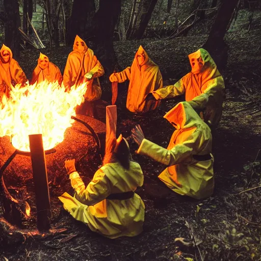 Image similar to a gathering of yellow raincoat wearing cat magicians summon a fire goddess from the depths of a raging fire pit, flames are emerging from fissures in the ground.