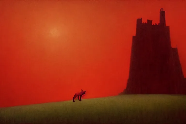 Image similar to only with red, in a red dream world, a crimson tiger, a big deal, a red fox, a castle in the background, in the style of beksinski, part by hopper, part by rodcenko, part by hofbauer, intricate composition, red by caravaggio, insanely quality, highly detailed, masterpiece, red light, artstation