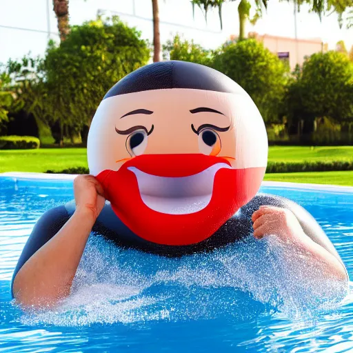 Prompt: a giant inflatable pool toy human head with open mouth on realistic water, long shot, hyper detailed, hyper realistic, ray tracing, 8 k resolution, sharp focus, realistic water, award winning