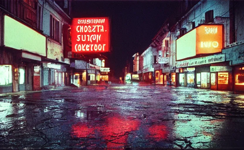 Prompt: 70s movie still of a soviet street from Sarajevo in 1960s , Cinestill 800t 18mm, heavy grainy picture, neon billboards at night, rain, mud