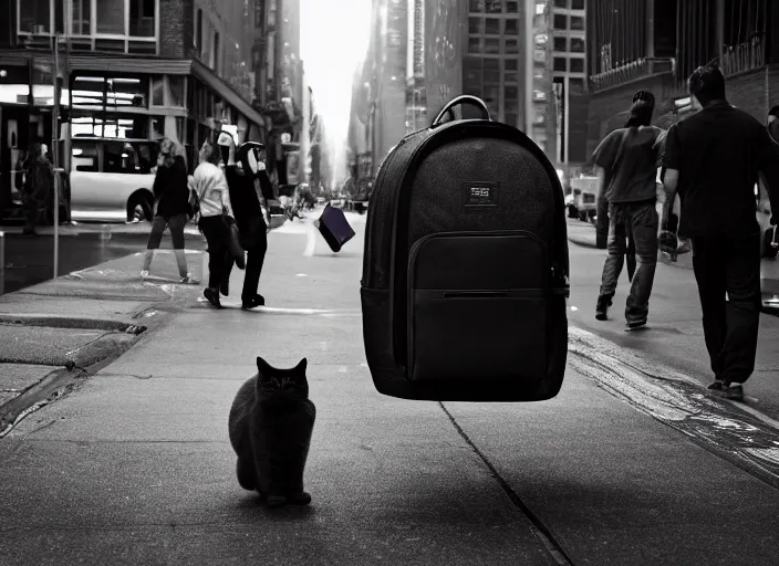 Image similar to photography of a Cat being carried in an half open backpack . in a new york street. award winning photo, led lighting, night, 130mm, sharp, high res